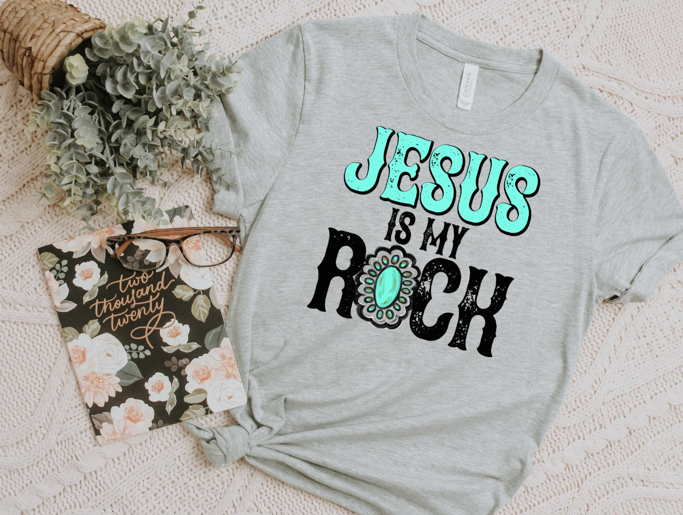 PREORDER - Jesus Is My Rock Turquoise Boutique Soft Tee