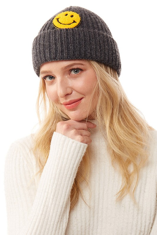 Smiley Face Patch Ribbed Knit Beanie - Asst. Colors