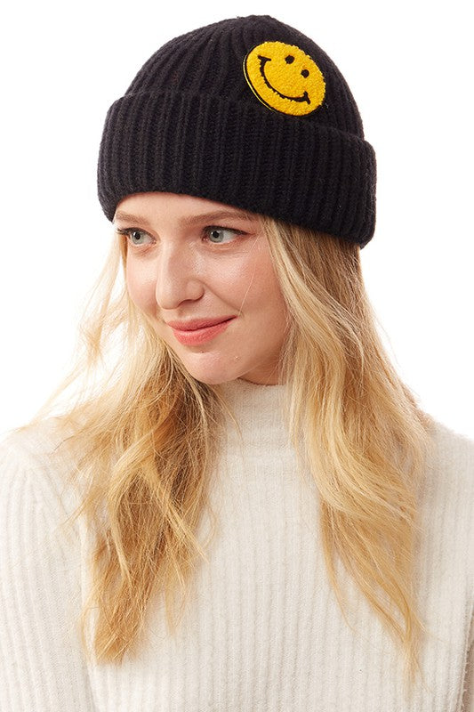 Smiley Face Patch Ribbed Knit Beanie - Asst. Colors