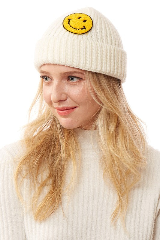 Smiley Face Patch Ribbed Knit Beanie - Asst. Colors