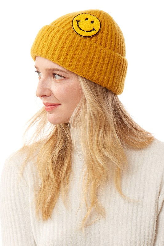 Smiley Face Patch Ribbed Knit Beanie - Asst. Colors