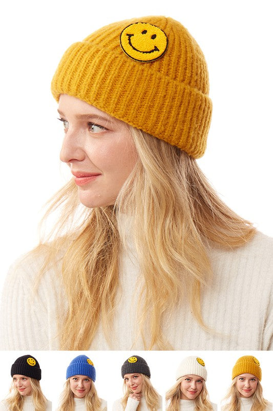 Smiley Face Patch Ribbed Knit Beanie - Asst. Colors