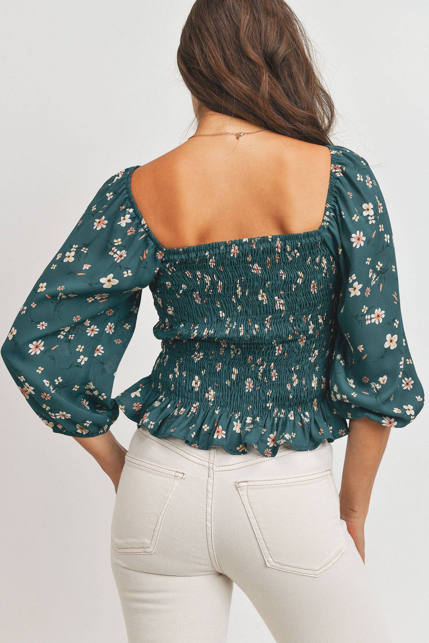The Cianna Emerald Smocked Floral Print Top
