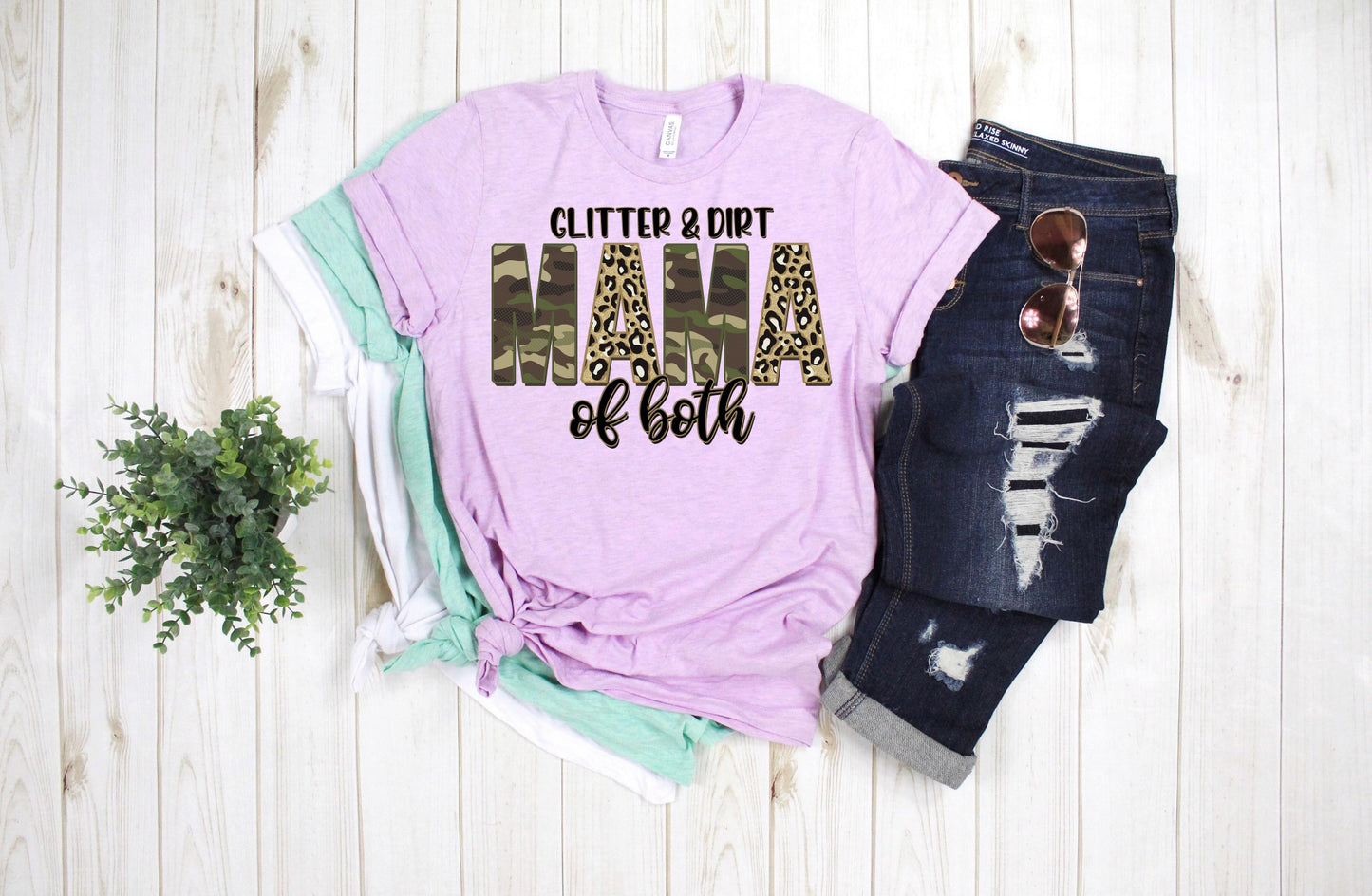PREORDER - Glitter & Dirt Mom Of Both Camo Leopard Soft Boutique Tee