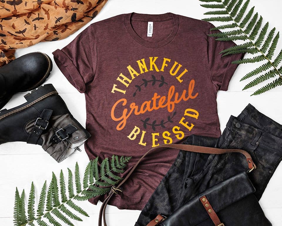 PREORDER - Thankful Grateful Blessed Maroon Fall Boutique Soft Tee