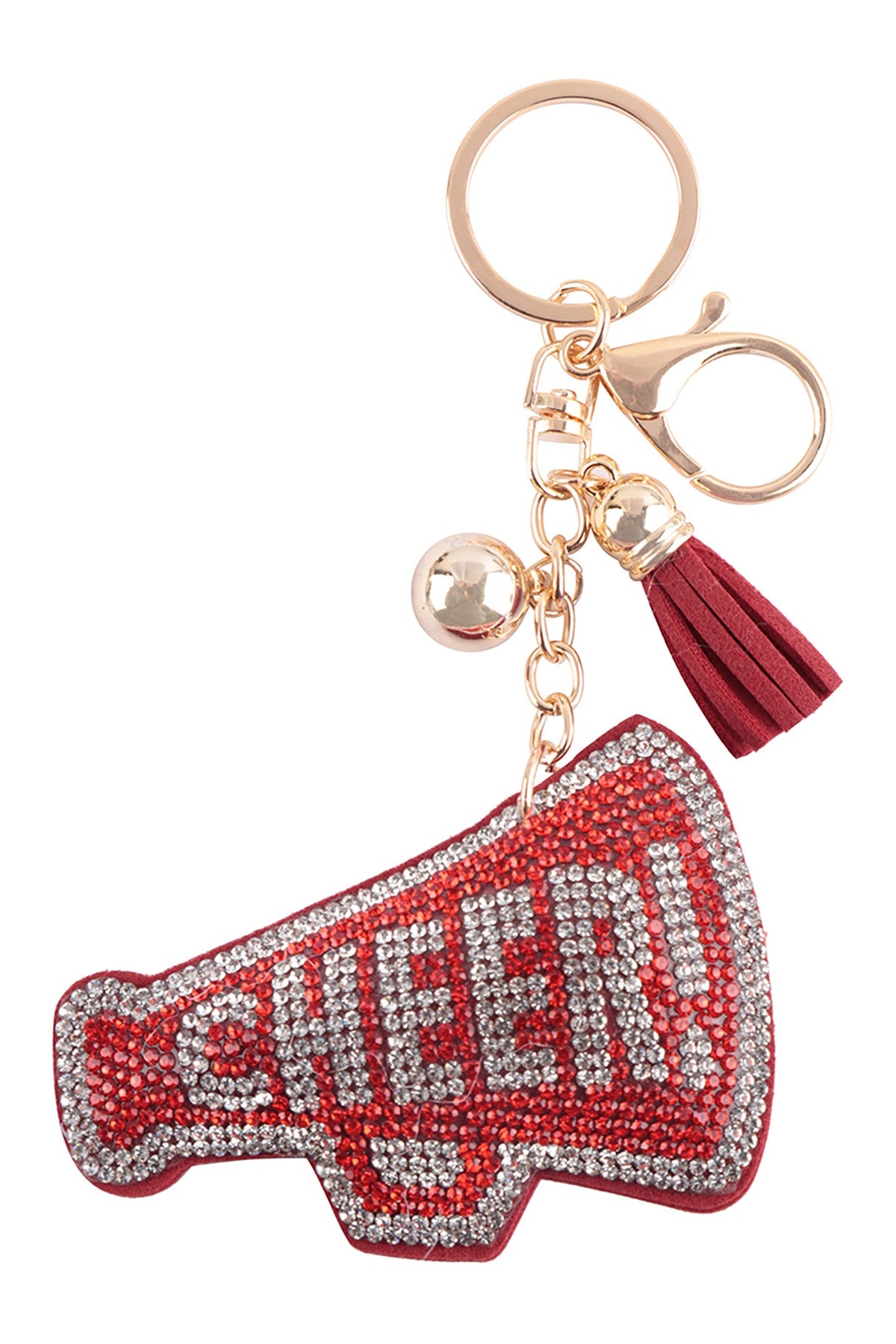 Red Cheer Megaphone Crystal Puffy Keychain Purse Charm