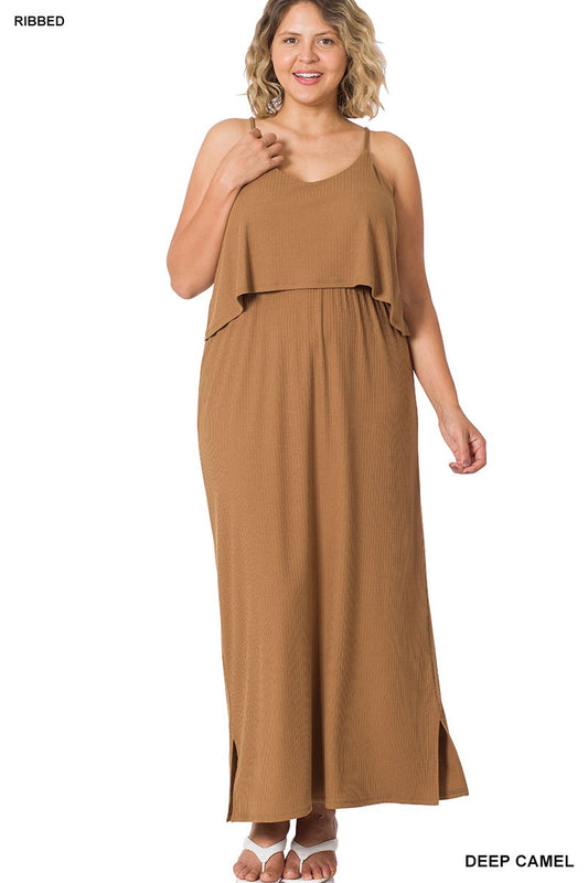 FINAL SALE - CURVY Lainey Sleeveless Layered Ribbed Dress - DK Camel