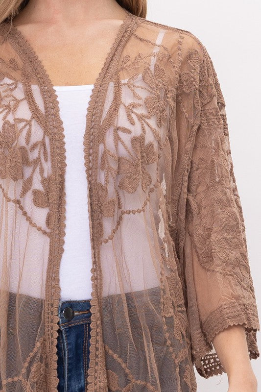 The Anika Embroidered Bohemian Lace Duster Kimono - Mocha