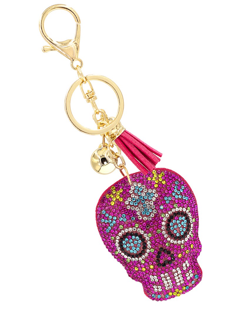 Pink Sugar Skull Crystal Puffy Keychain Purse Charm