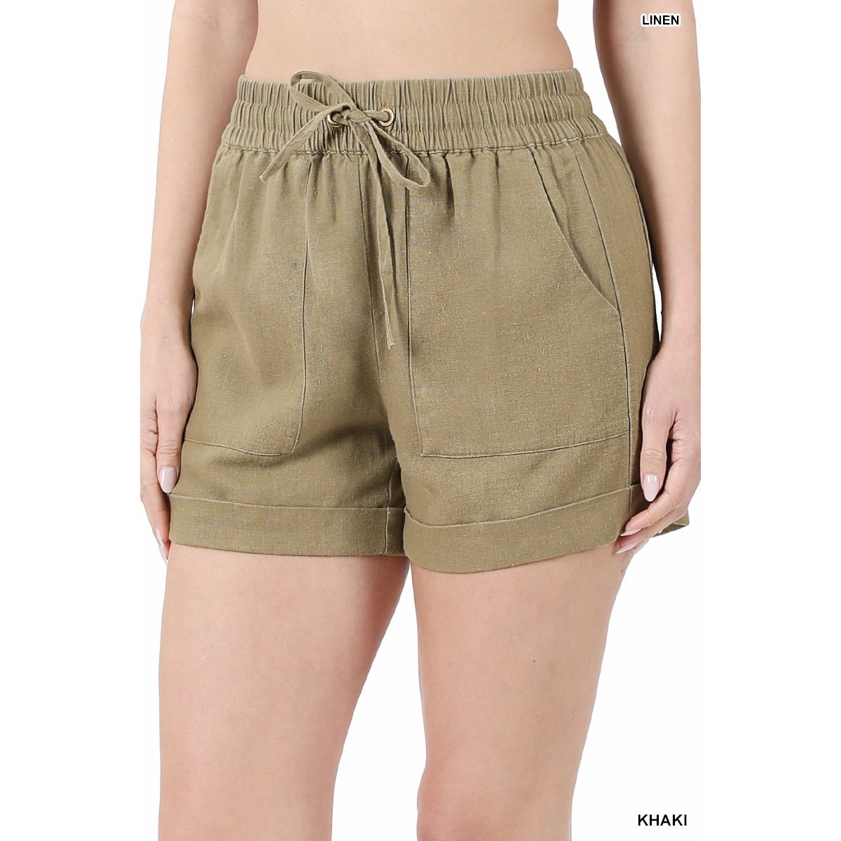 Linen Drawstring Waist Shorts - Khaki