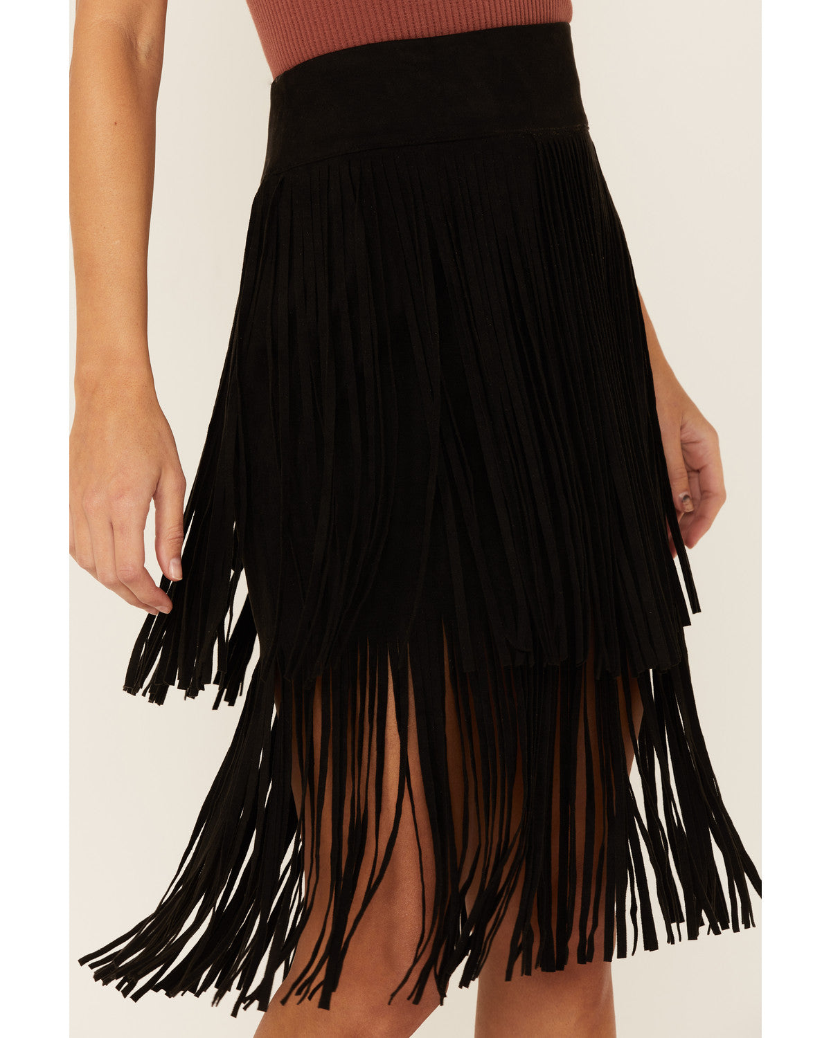 Black faux shop suede fringe skirt