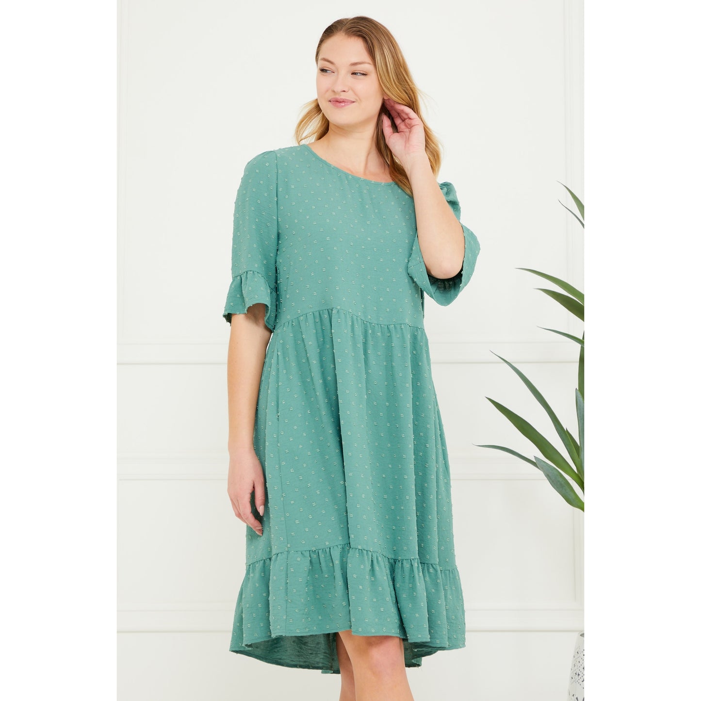 The Railynn Green Woven Textured Babydoll Dress - USA Made