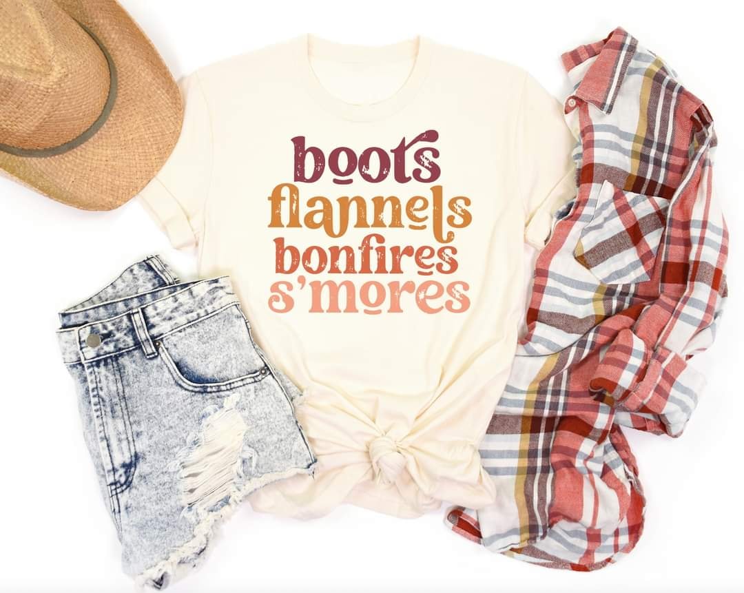 PREORDER - Boots Flannels Bonfires S'mores Soft Boutique Tee