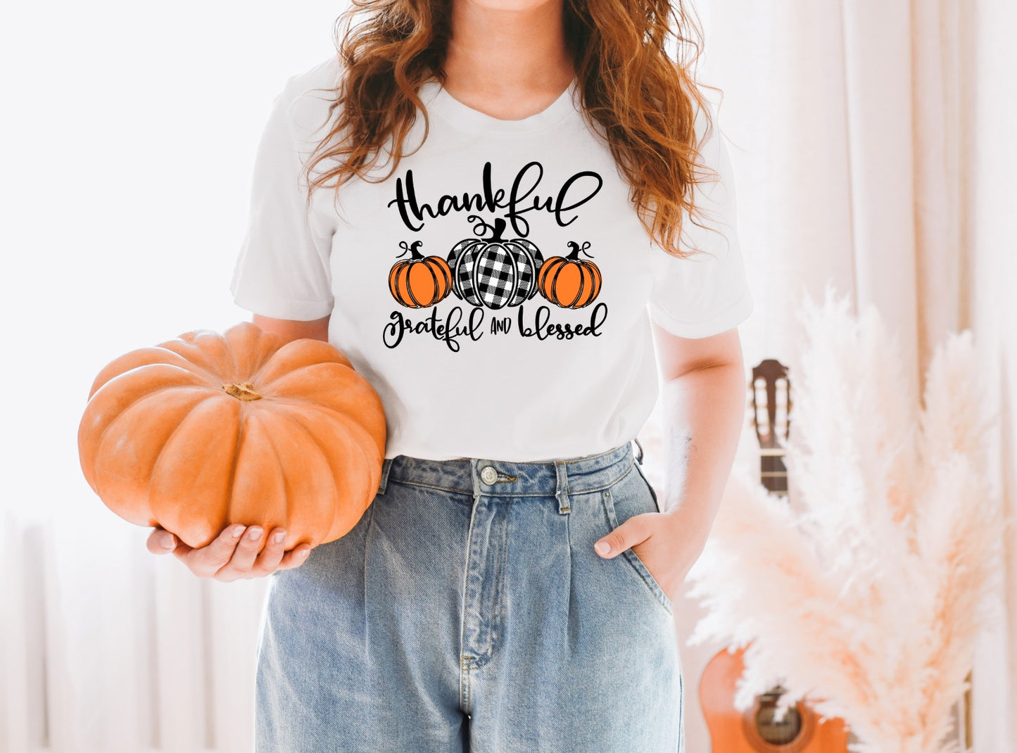 PREORDER - Thankful Grateful & Blessed Plaid Pumpkin Soft Boutique Tee