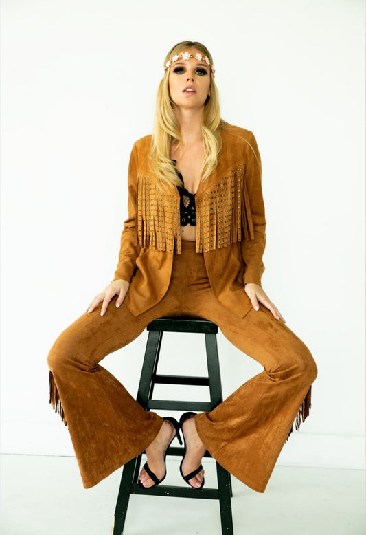 FINAL SALE - The Josie Fringe Bellbottom Suede Pants - Camel