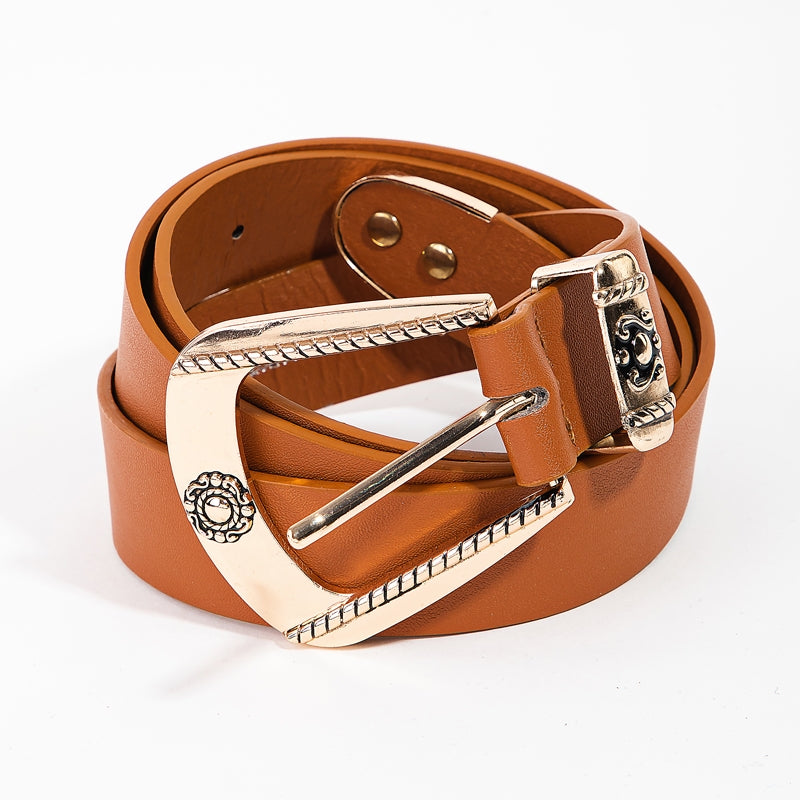 Engraved Buckle Faux Leather Western Belt - Gold Brown