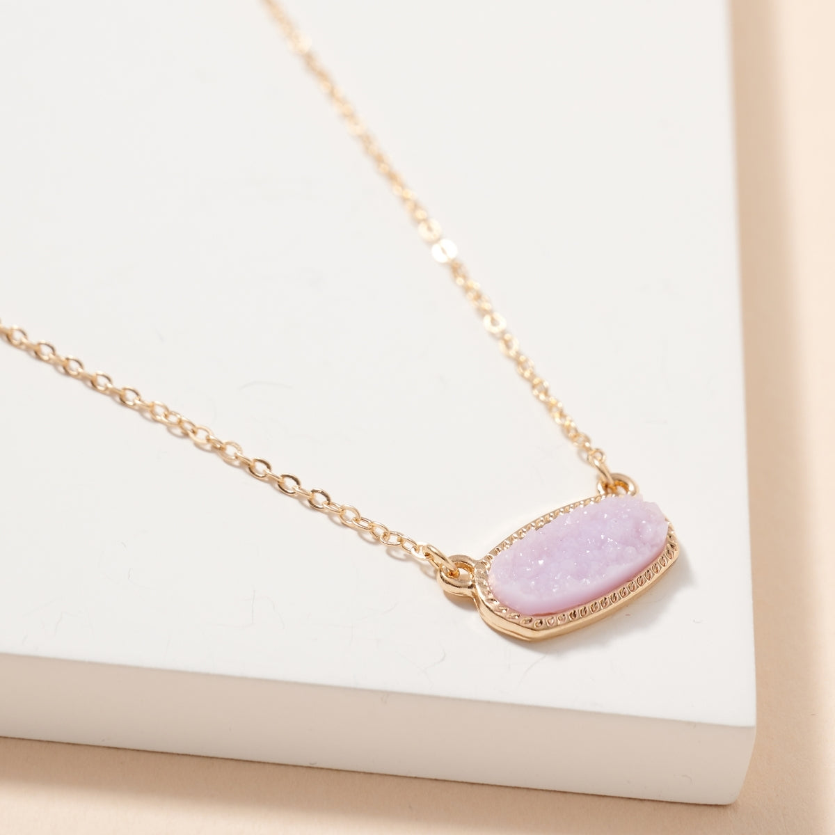 Dainty Oval Druzy Pendant Necklace & Earring Set - Lavender on Gold