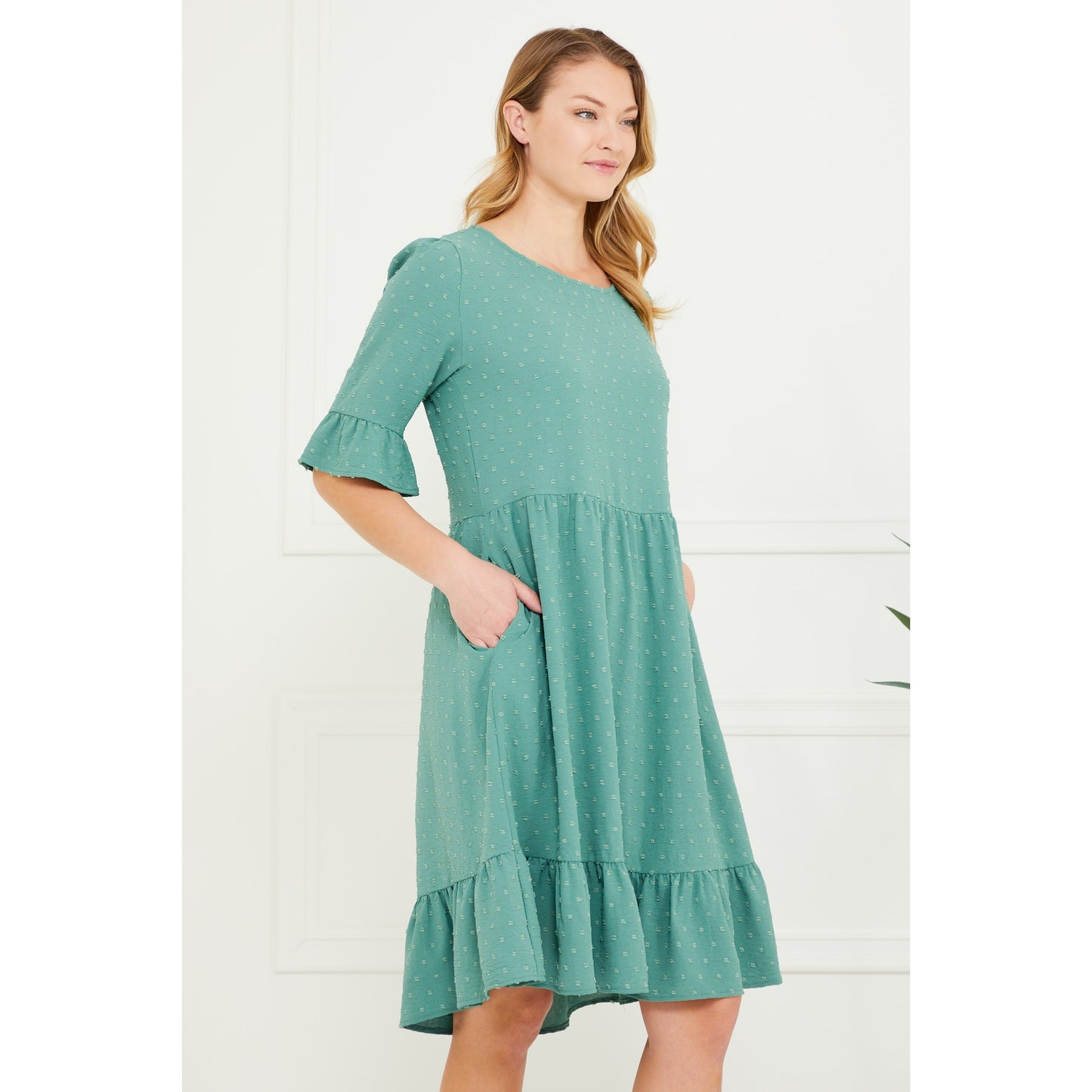 The Railynn Green Woven Textured Babydoll Dress - USA Made