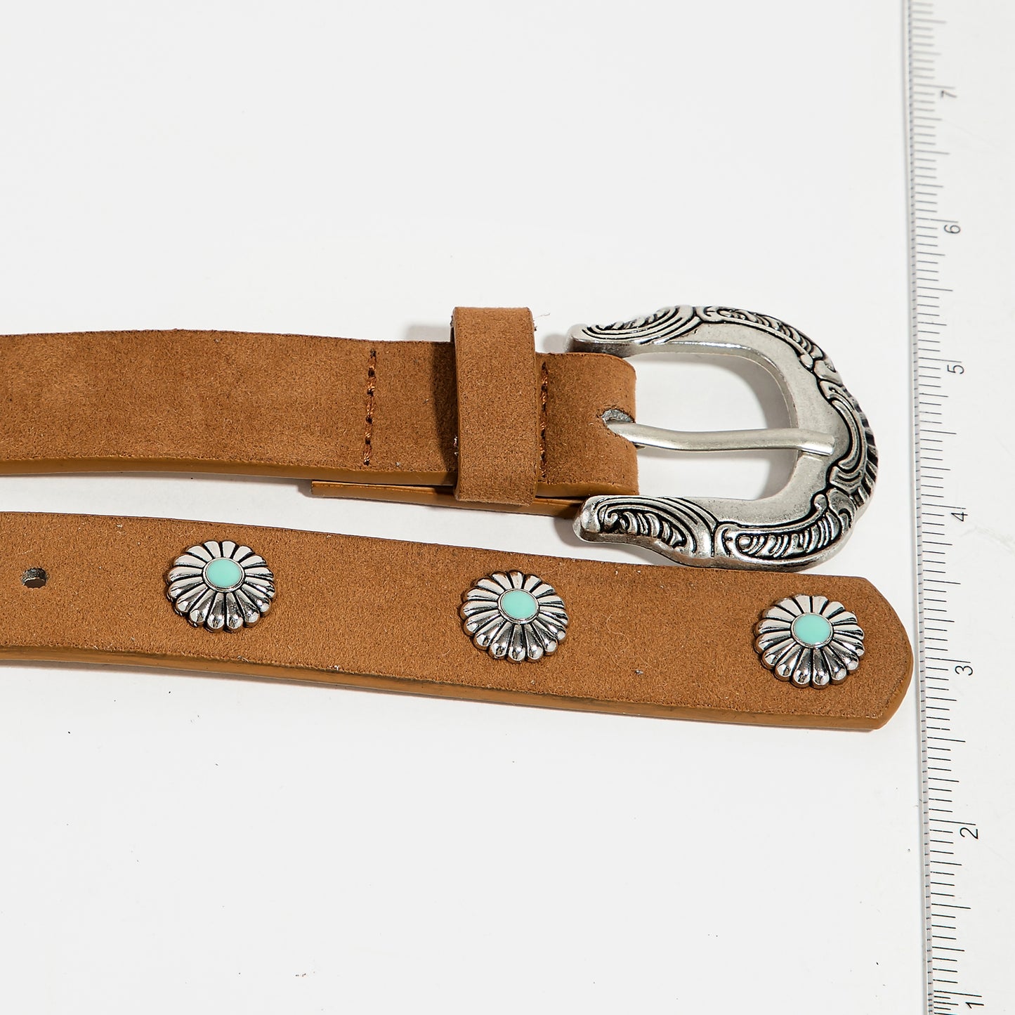 Engraved Buckle Faux Leather Western Concho Belt - Brown
