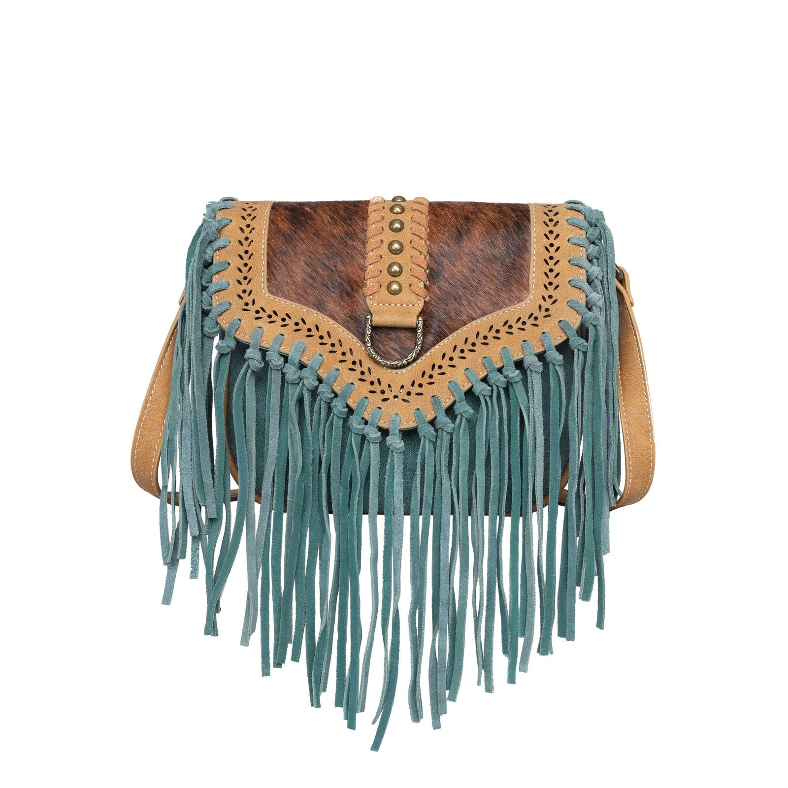 Cowhide fringe western turquoise crossbody – Northern Charm Boutique
