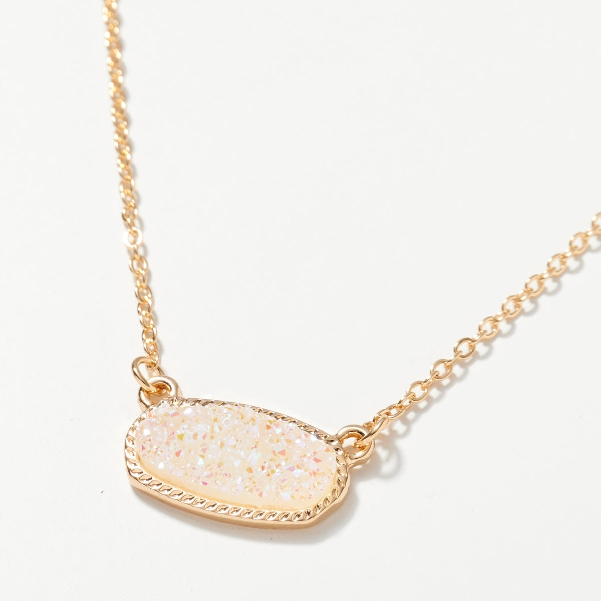 Dainty Oval Druzy Pendant Necklace & Earring Set - Abalone on Gold