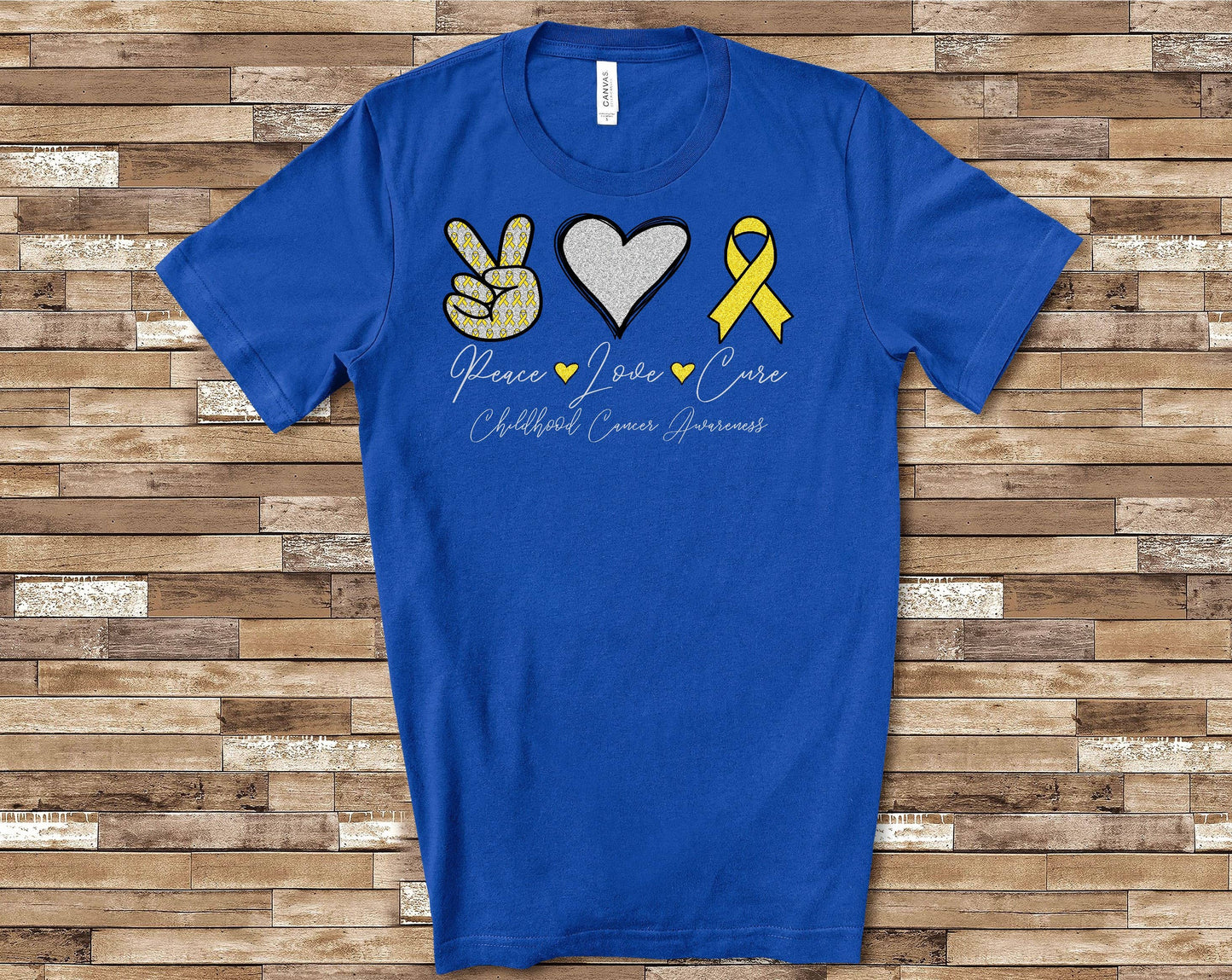 PREORDER-Peace Love Cure Childhood Cancer SS Boutique Soft Tee (Royal)