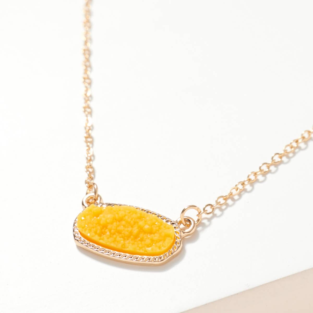 Dainty Oval Druzy Pendant Necklace & Earring Set - Mustard on Gold