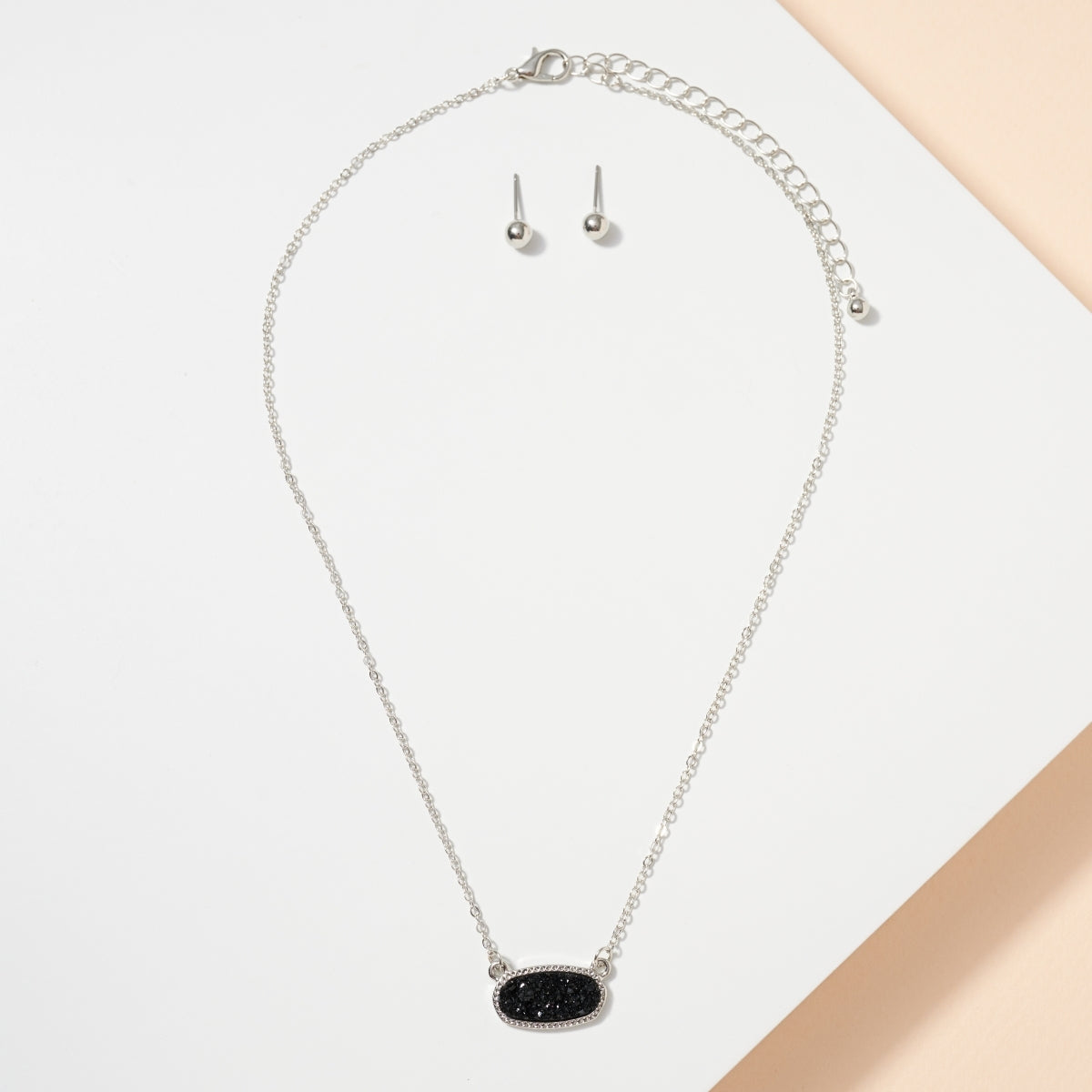 Dainty Oval Druzy Pendant Necklace & Earring Set - Black on Silver