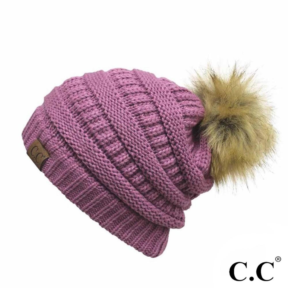 CC Beanie Classic Ribbed Knit Hat w/ Faux Fur Pom - HAT43