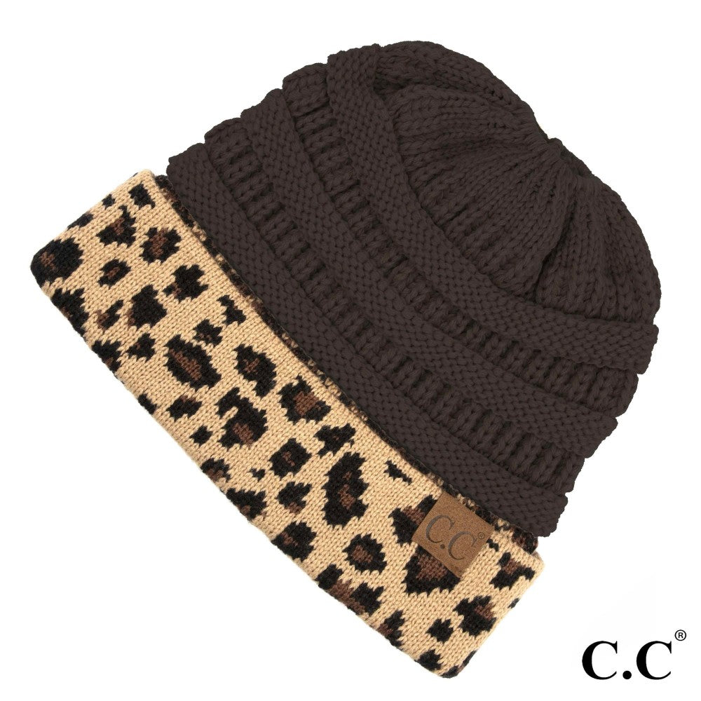 CC Solid Color Ribbed Knit Messy Bun Beanie with Leopard Cuff - MB45