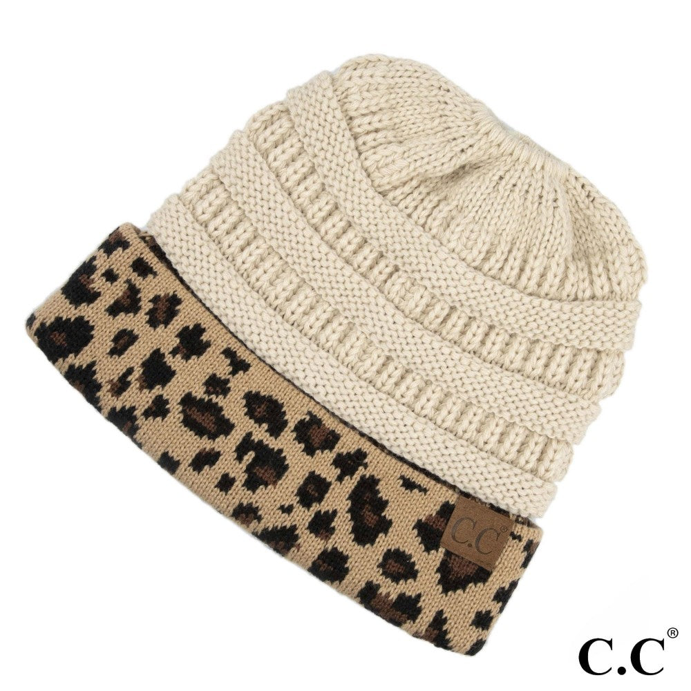 CC Solid Color Ribbed Knit Messy Bun Beanie with Leopard Cuff - MB45