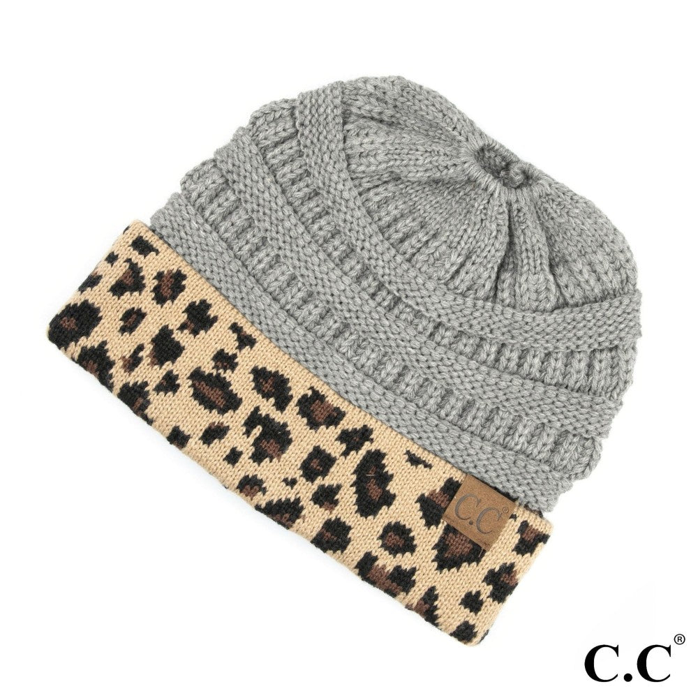 CC Solid Color Ribbed Knit Messy Bun Beanie with Leopard Cuff - MB45