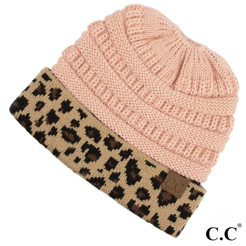 CC Solid Color Ribbed Knit Messy Bun Beanie with Leopard Cuff - MB45