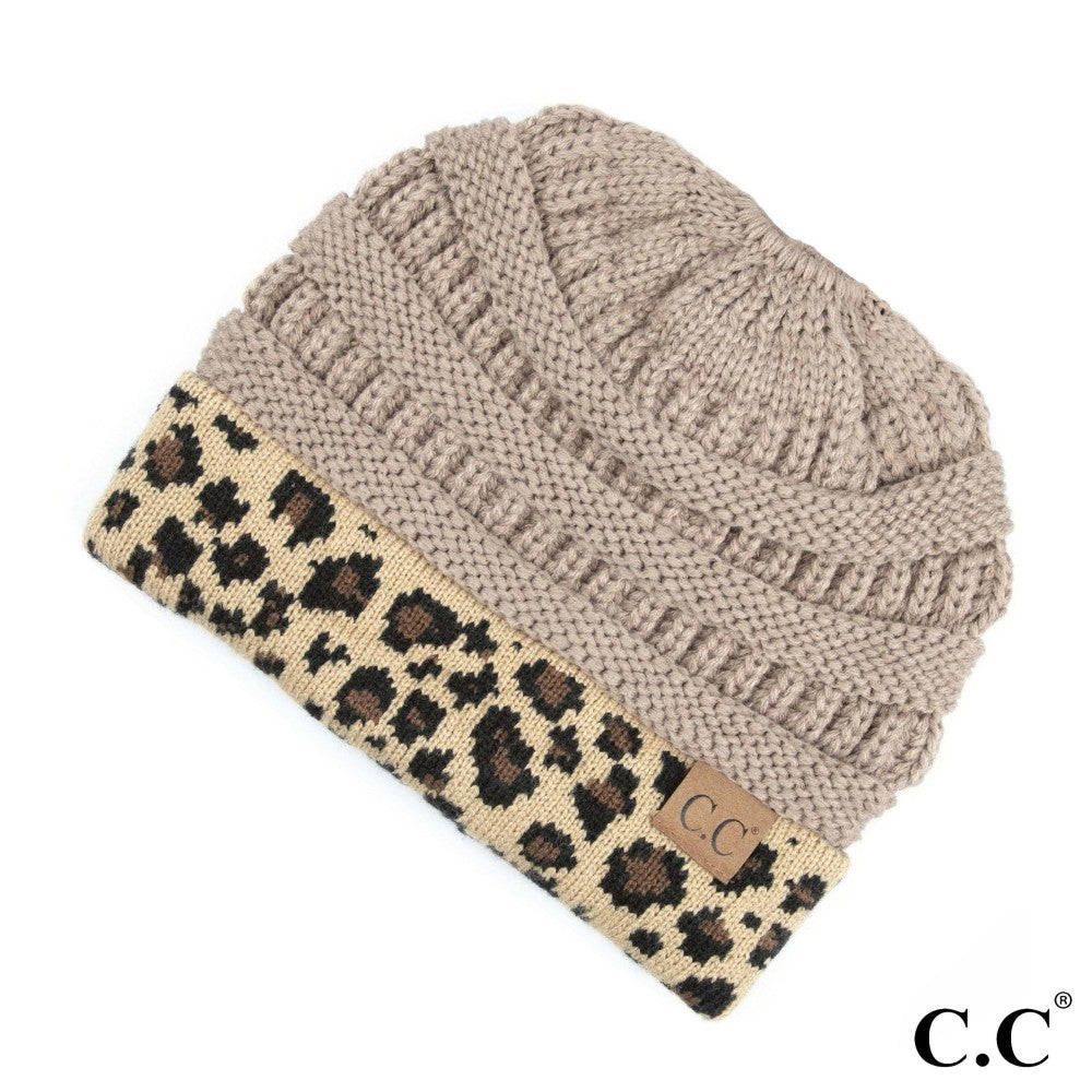 CC Solid Color Ribbed Knit Messy Bun Beanie with Leopard Cuff - MB45