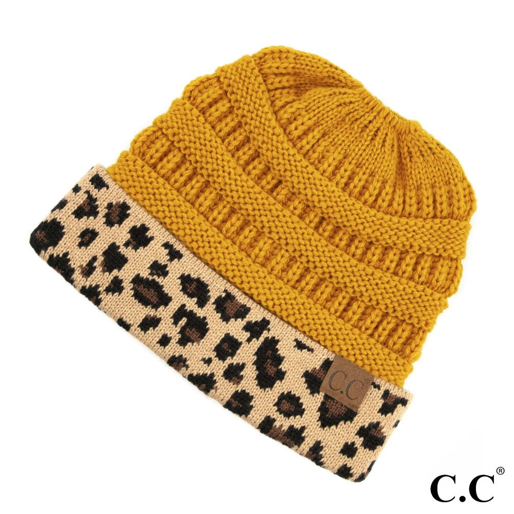 CC Solid Color Ribbed Knit Messy Bun Beanie with Leopard Cuff - MB45