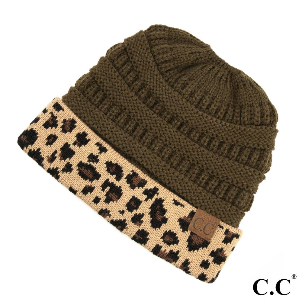 CC Solid Color Ribbed Knit Messy Bun Beanie with Leopard Cuff - MB45