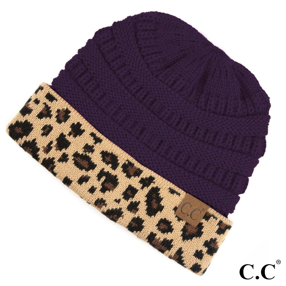 CC Solid Color Ribbed Knit Messy Bun Beanie with Leopard Cuff - MB45