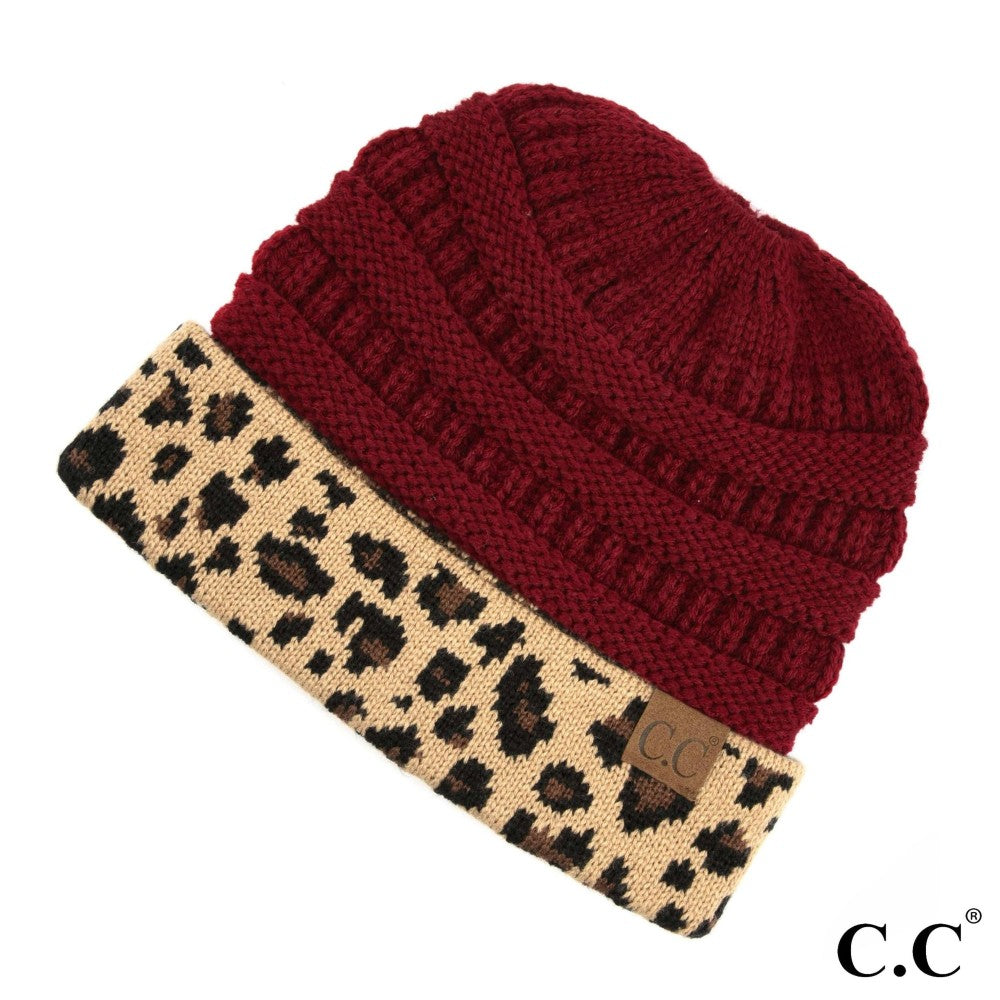 CC Solid Color Ribbed Knit Messy Bun Beanie with Leopard Cuff - MB45