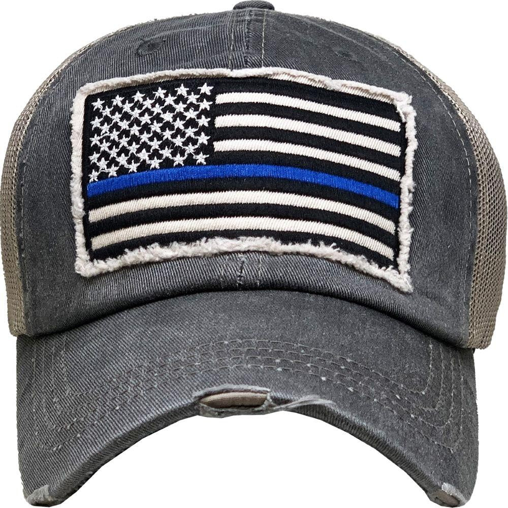 Blue Line Embroidered Patch Baseball Cap - Black
