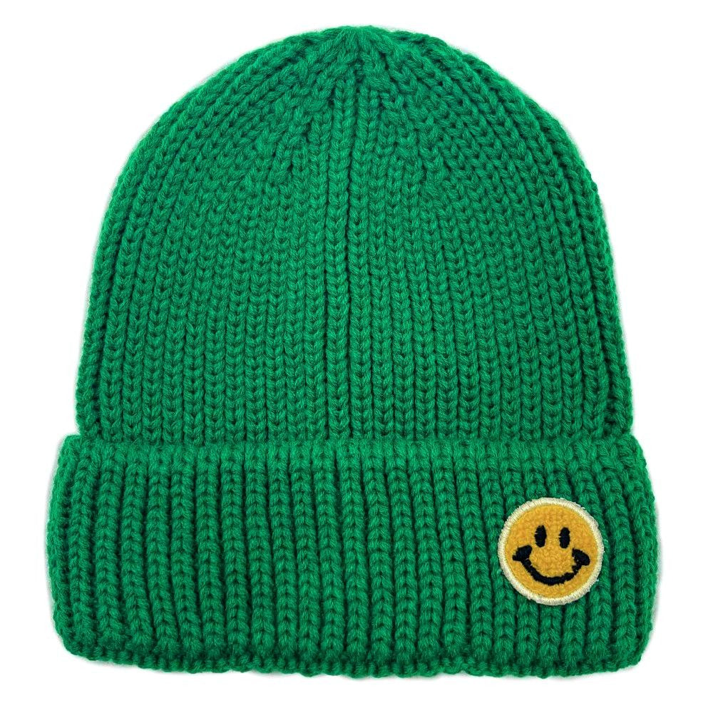 Smiley Face Patch Ribbed Knit Beanie - Asst. Colors