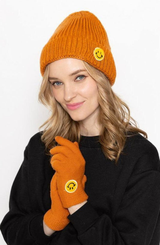 Smiley Face Patch Ribbed Knit Beanie - Asst. Colors