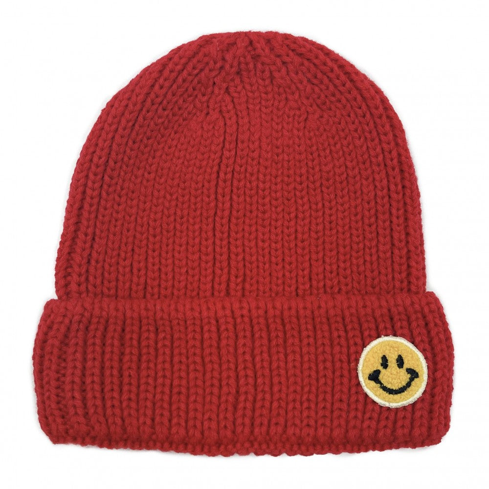Smiley Face Patch Ribbed Knit Beanie - Asst. Colors