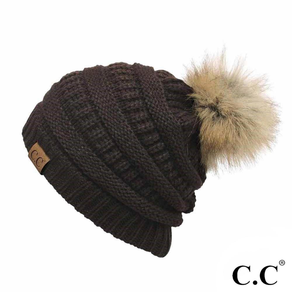 CC Beanie Classic Ribbed Knit Hat w/ Faux Fur Pom - HAT43