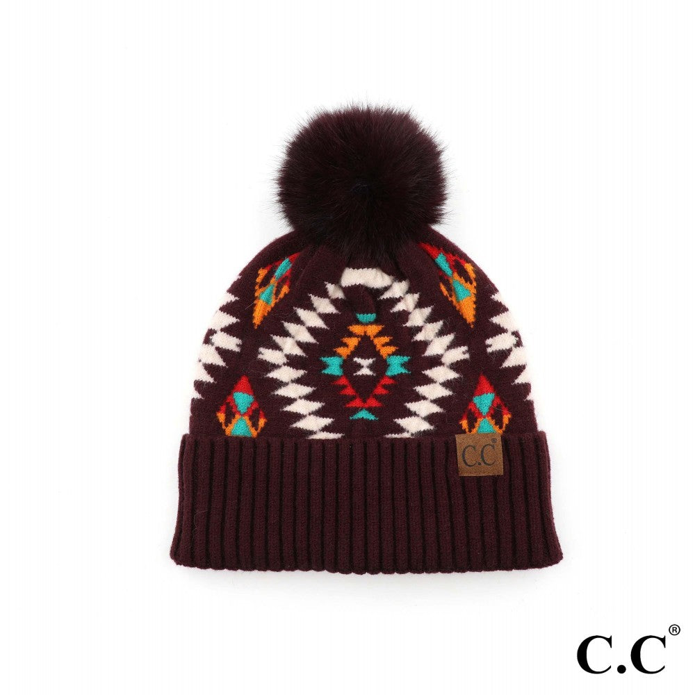 CC Beanie Aztec Print Knit Pom Beanie - HAT3001