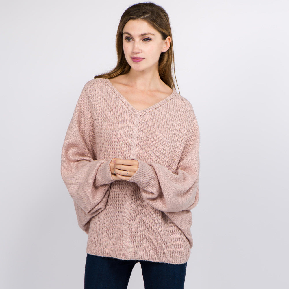 Solid Color Knitted V-Neck Balloon Sleeve Sweater - Avail. in 5 Colors