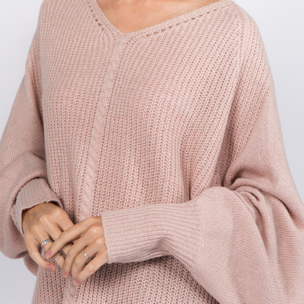 Solid Color Knitted V-Neck Balloon Sleeve Sweater - Avail. in 5 Colors