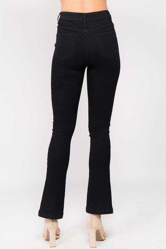 RESTOCKED-High Waisted Button Up Stretch Denim Flared Boot Cut Jeans - Black