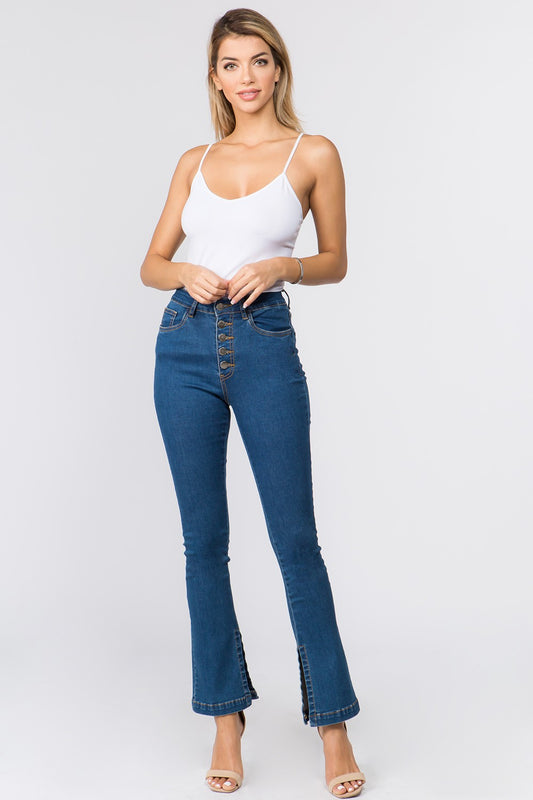 RESTOCKED-High Waisted Button Up Stretch Denim Flared Boot Cut Jeans - Blue