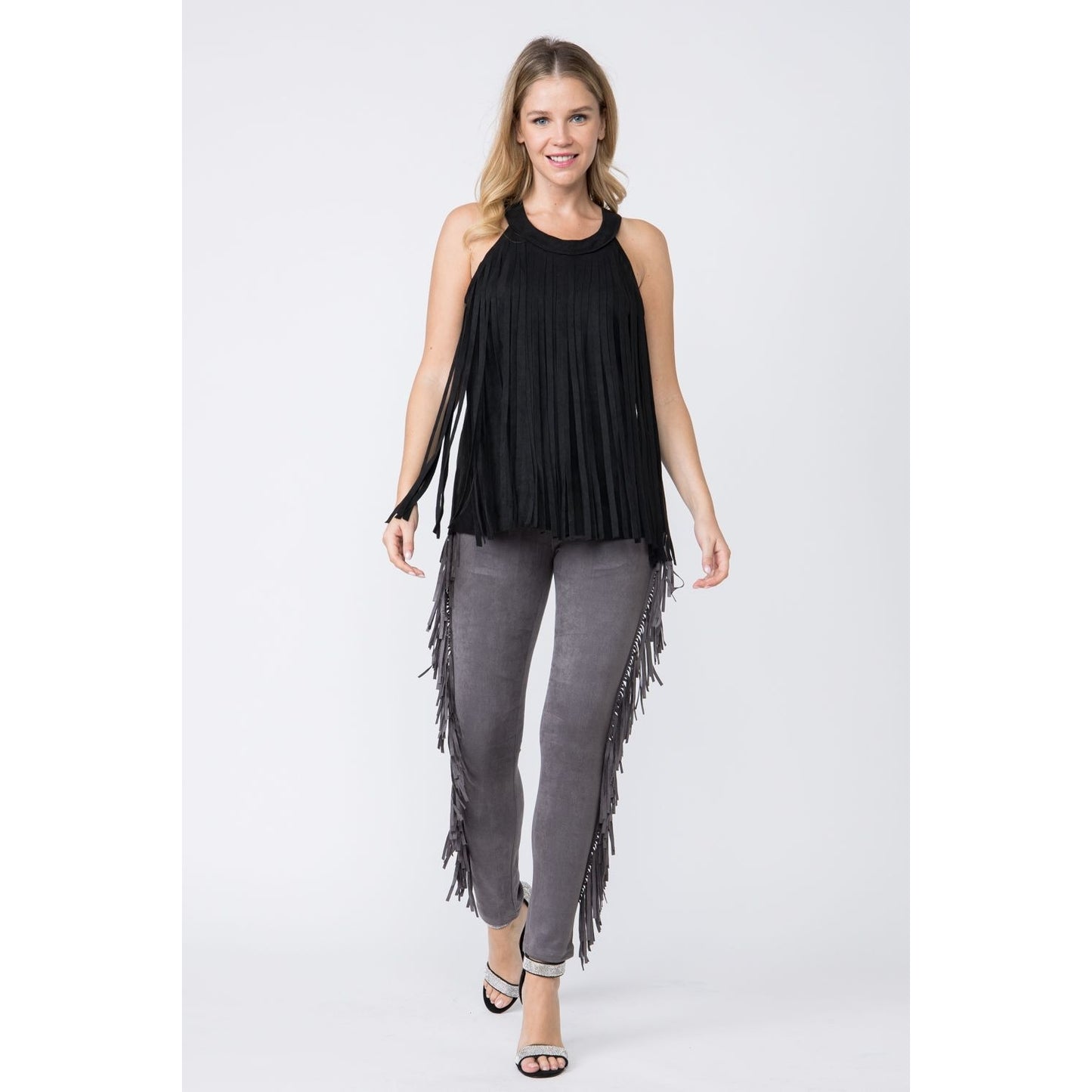 Western Princess Suede Fringed Top - Black