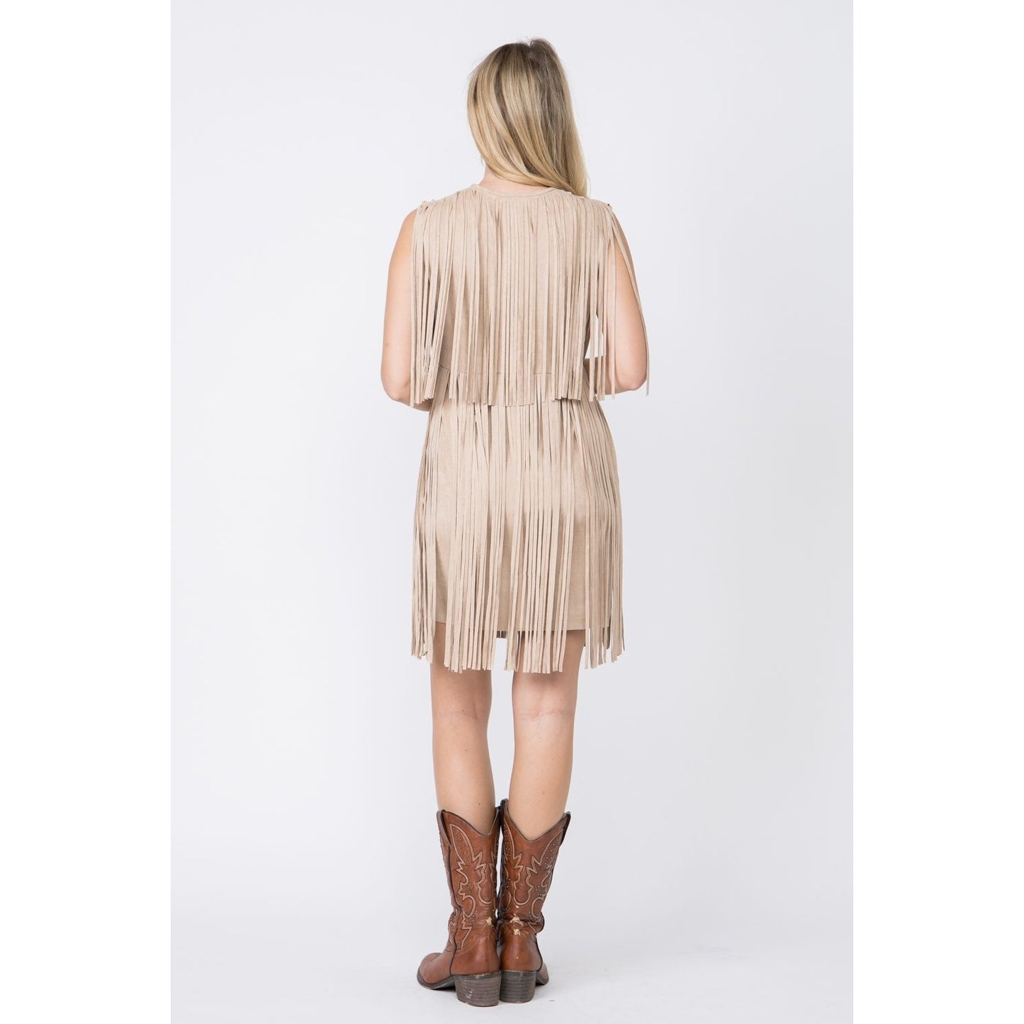 Vocal Taupe Suede Fringed Sleeveless Western Dress